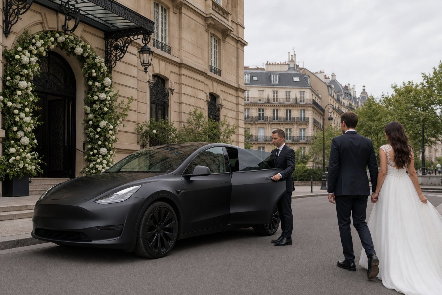 VTC Mariage Paris 2026 : chauffeur privé Tesla pour votre Jour J — guide complet